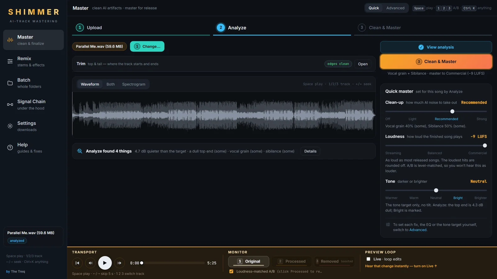 Shimmer's Master tab after Analyze: the song's waveform, what Analyze found, and Quick master's Clean-up, Loudness and Tone sliders